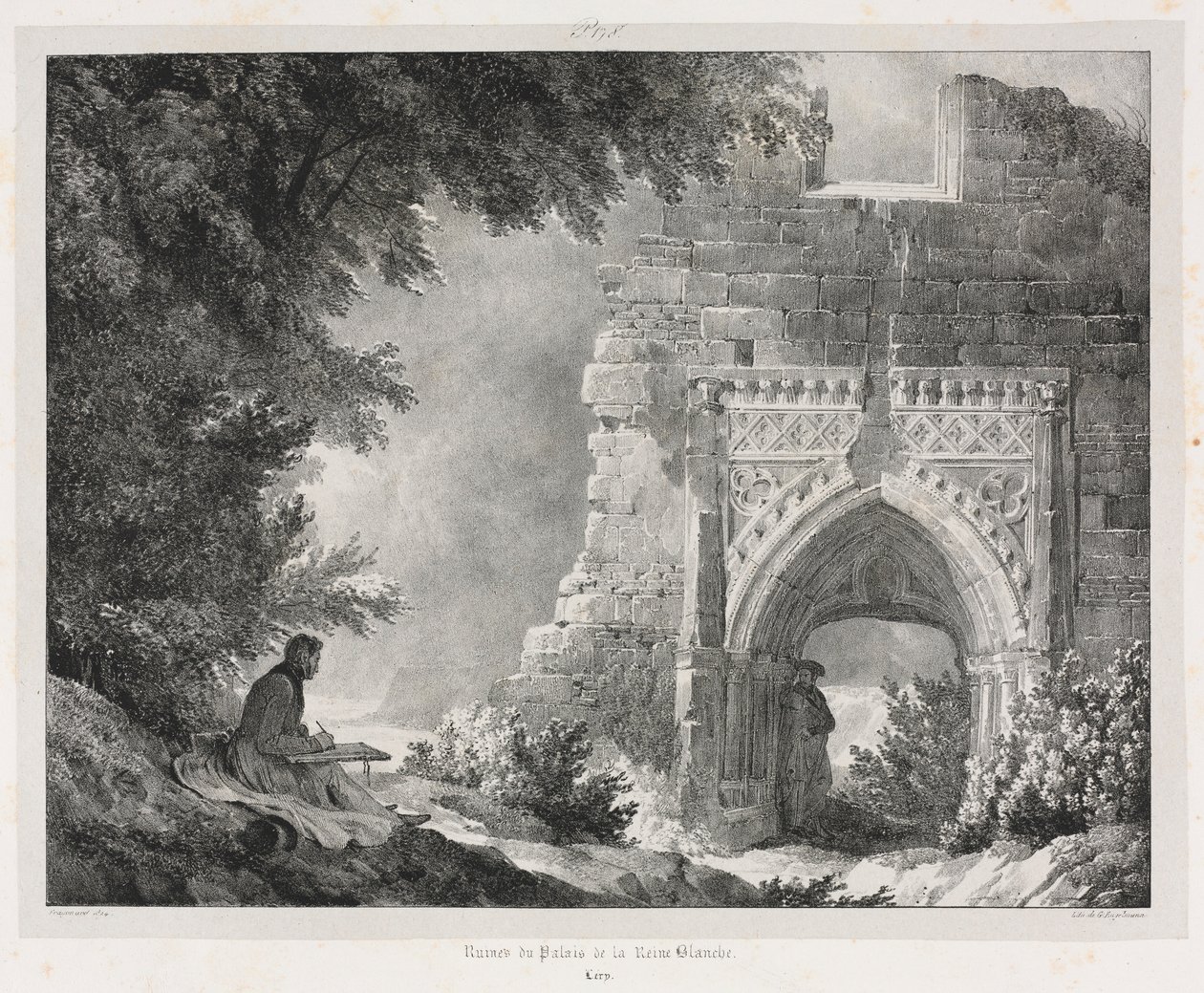 古いフランスの絵のようにロマンチックな旅：1824年の白の女王の宮殿の遺跡。 作： アレクサンドル・エヴァリスト・フラゴナール
