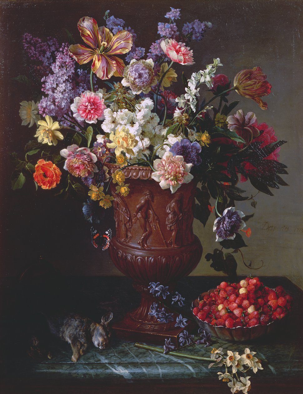 1715年の野棚に野いちごと野ウサギのボウルが付いた彫刻が施された壺の花 作： アレクサンドル・フランソワ・デスポルテ