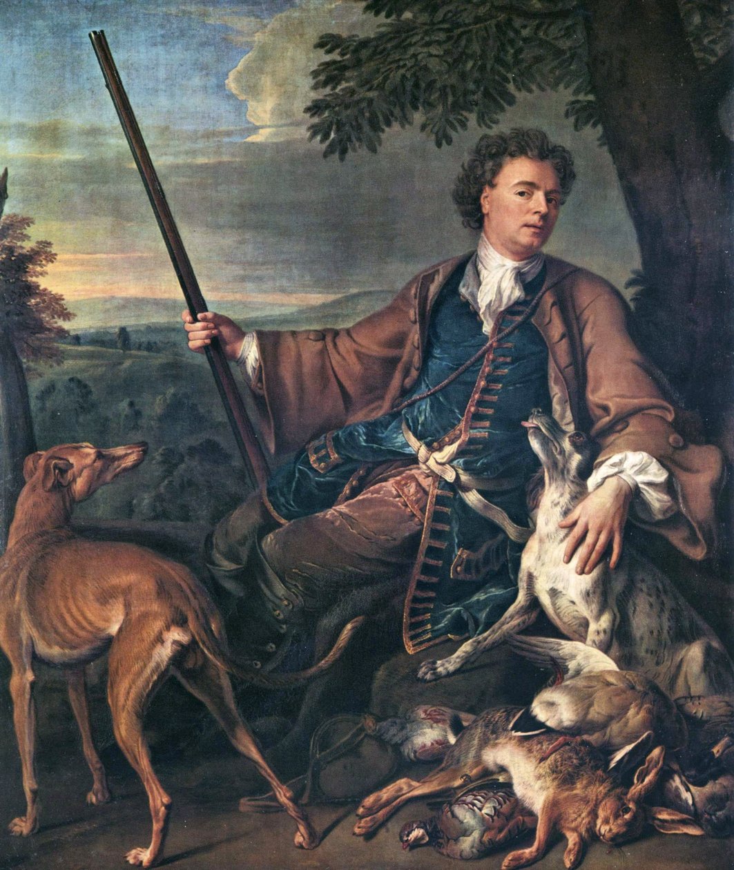 フランス語：M. Desportes portrait de M. Desportes peint par lui-même avec du gibier mort à ses pieds（狩人としての画家の肖像）狩衣を着た自画像 作： アレクサンドル・フランソワ・デスポルテ