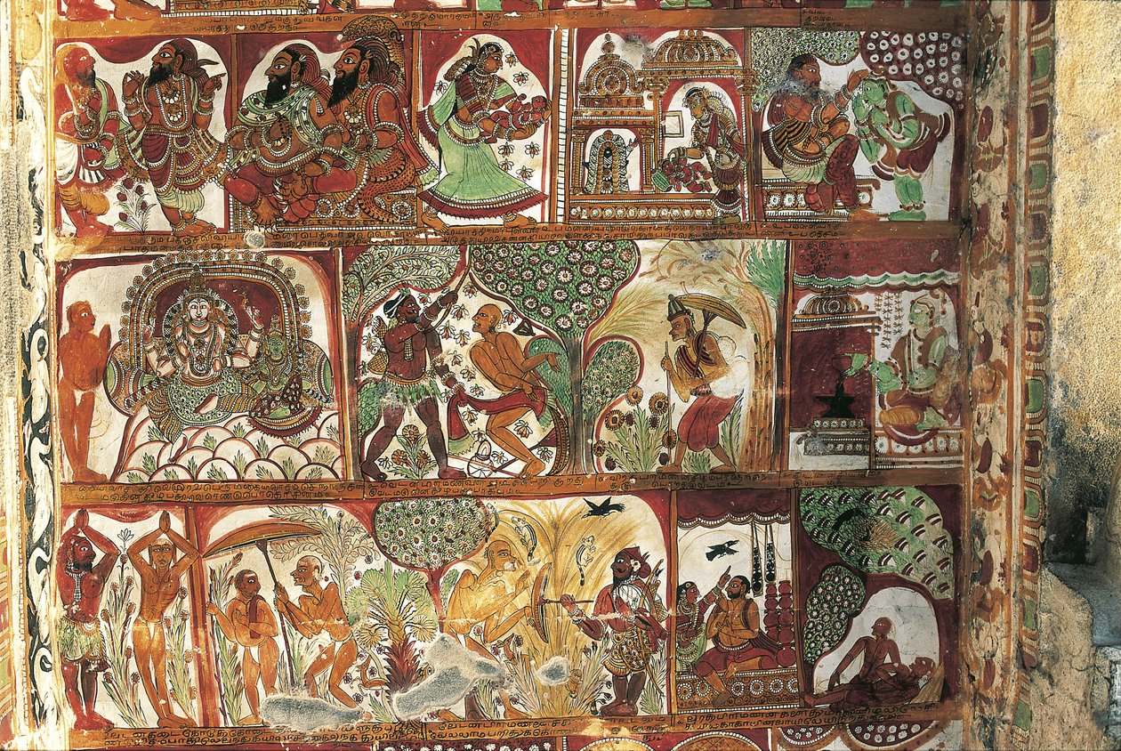 インド、タミル・ナードゥ州、チダンバラム、ナタラヤ寺院、パールヴァティのための祠のシヴァの生涯を描いたフレスコ画、5世紀 作： アレクサンドルガブリエル（後）デカンプ