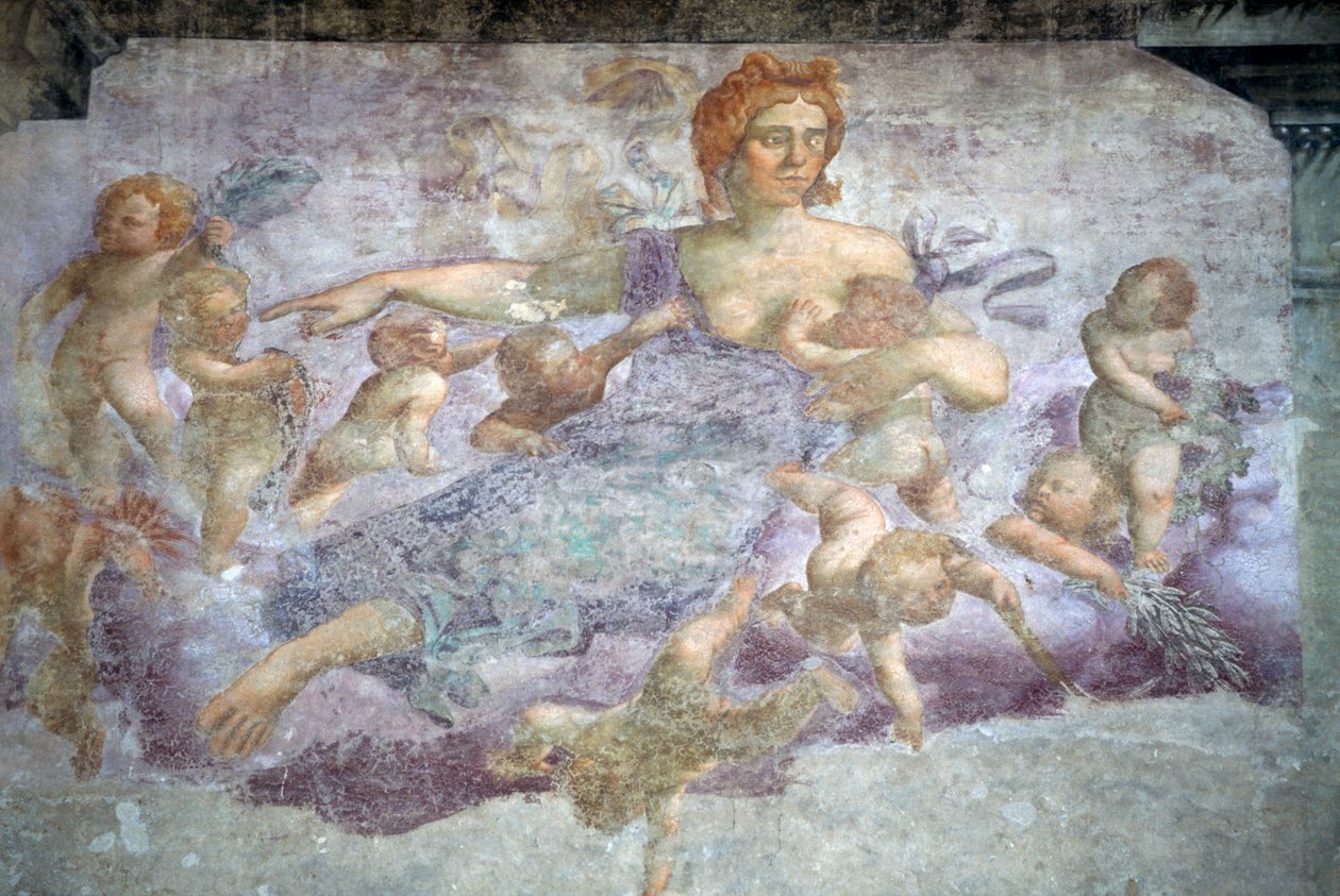 マッツァンティ家住宅のフレスコ画のひとつ、ヴェローナのエルベ広場（2000年ユネスコ世界遺産登録）、イタリア、ヴェネト州 作： アレクサンドルガブリエル（後）デカンプ