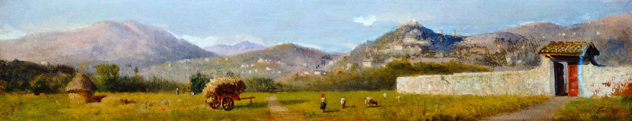 ロレンツォ・ゲラティ（1824-1893）の「トスカーナの風景」、厚紙に油彩 作： アレクサンドルガブリエル（後）デカンプ