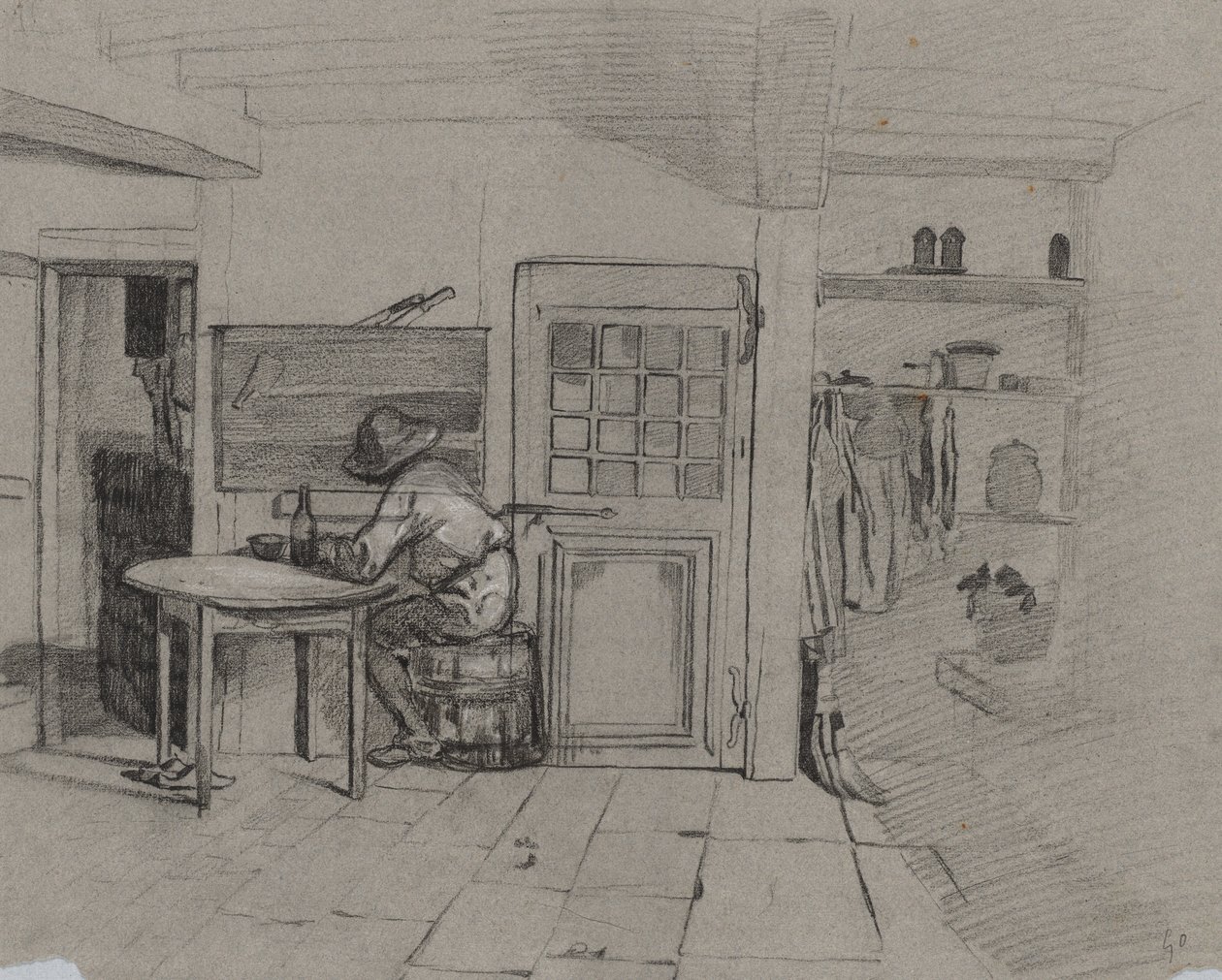 テーブルに男の子がいる農家のインテリアc。 1846年。 作： Alexandre Gabriel Decamps