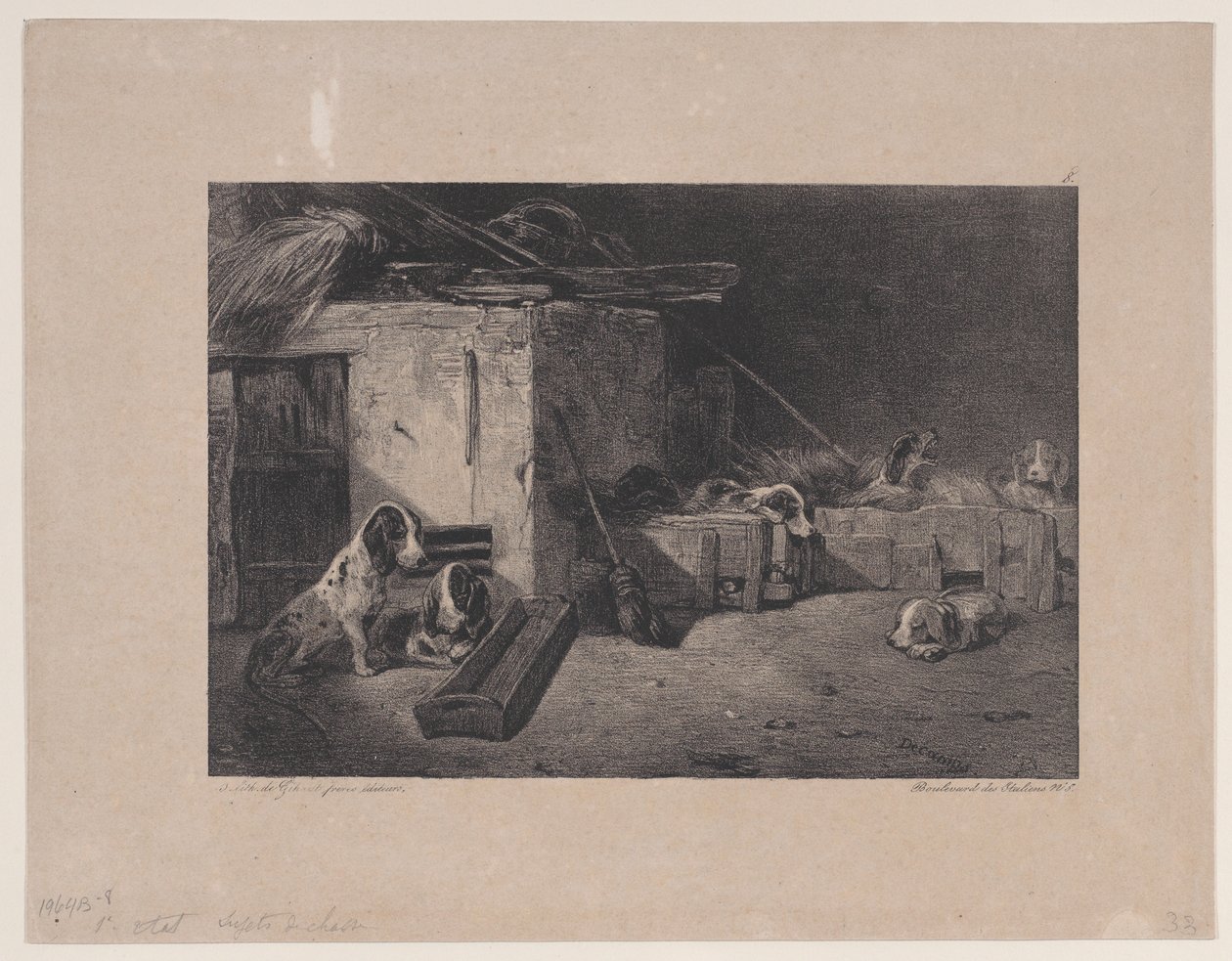 1829年のシリーズ狩猟シーンからの犬小屋の内部。 作： Alexandre Gabriel Decamps