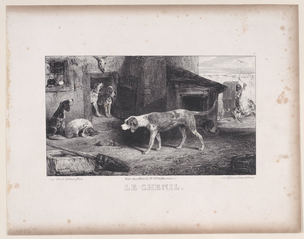 1829年の狩猟シーンシリーズの犬小屋。 作： Alexandre Gabriel Decamps