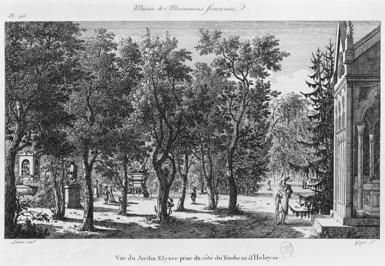 ローランギュヨ（1756-1806）によって彫刻された、パリ、フランソワ美術館、ヘリーズとアベラールの墓からエリゼ庭園の眺め 作： アレクサンドル・マリー・ルノワール