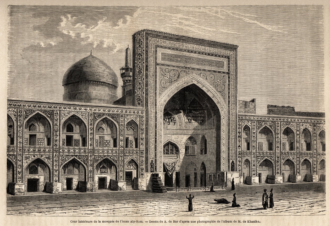 イマーム・アリー・リザ・ア・マシュハドのモスクの内部中庭。1858年のホラーサーン（Khorasan、Chorasan、Khurasan）への旅を説明するためにA.de Barが描いたもので、N.de Khanikofによるもの。1861年の「Le tour du monde」に掲載されたエングレーヴィング。セルバのコレクション。 作： アレクサンドルデ（後）バー