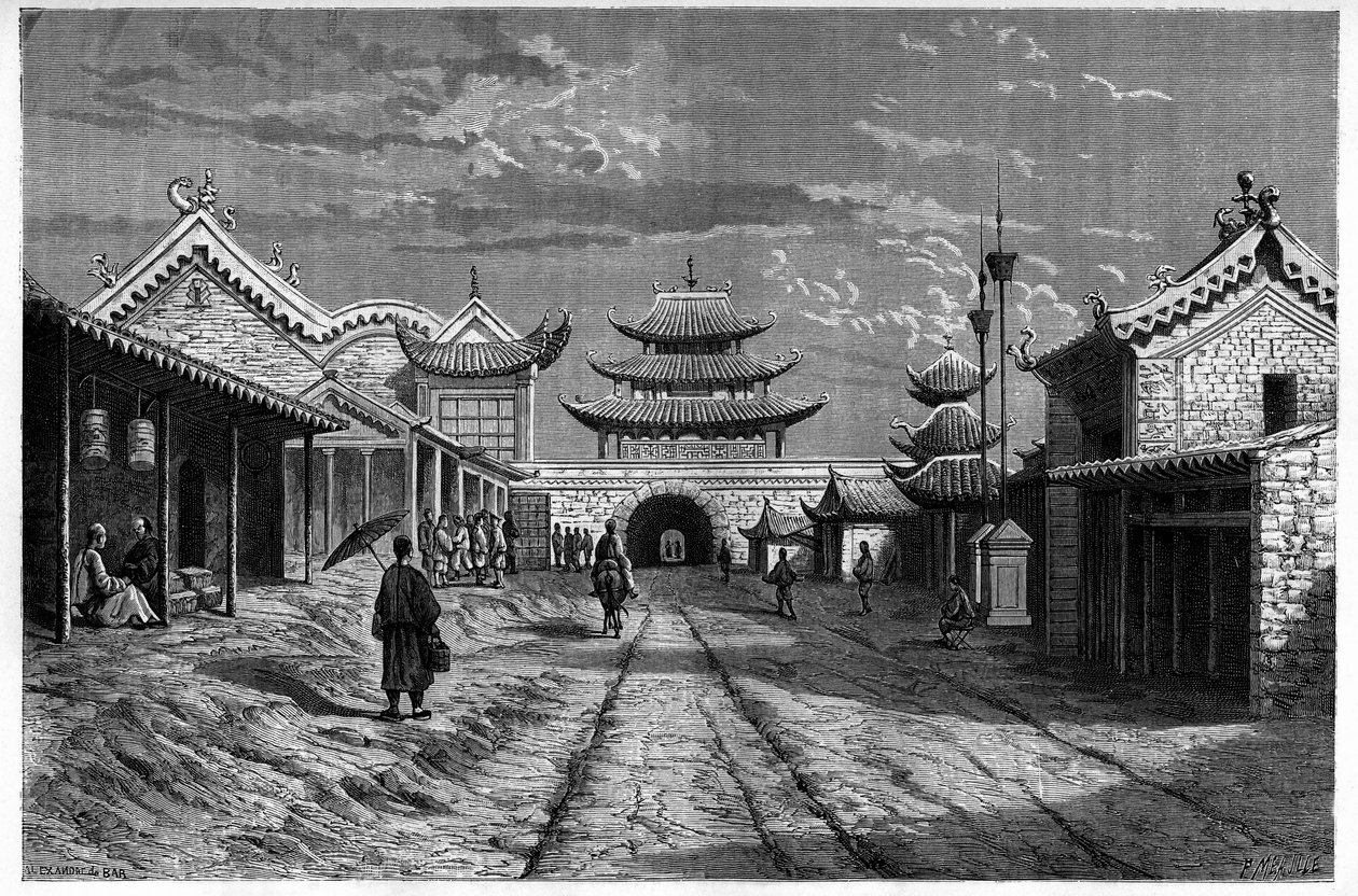 中国、「ユンテンシアン」の通りからの眺め。エドゥアール・シャルトン編集の「Le Tour du Monde, Nouveau journal des Voyages」に掲載されているA.de Barの絵をもとにしたエングレーヴィング。 作： アレクサンドルデ（後）バー