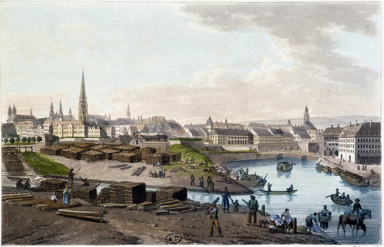 レオポルド・シュタットの海岸からのウィーンの眺め（ドックの上の作品） - "Picturesque trip to Austria by Count Alexandre de Laborde", Paris, ed.エルダー・ディドー 作： アレクサンドルデラボルド