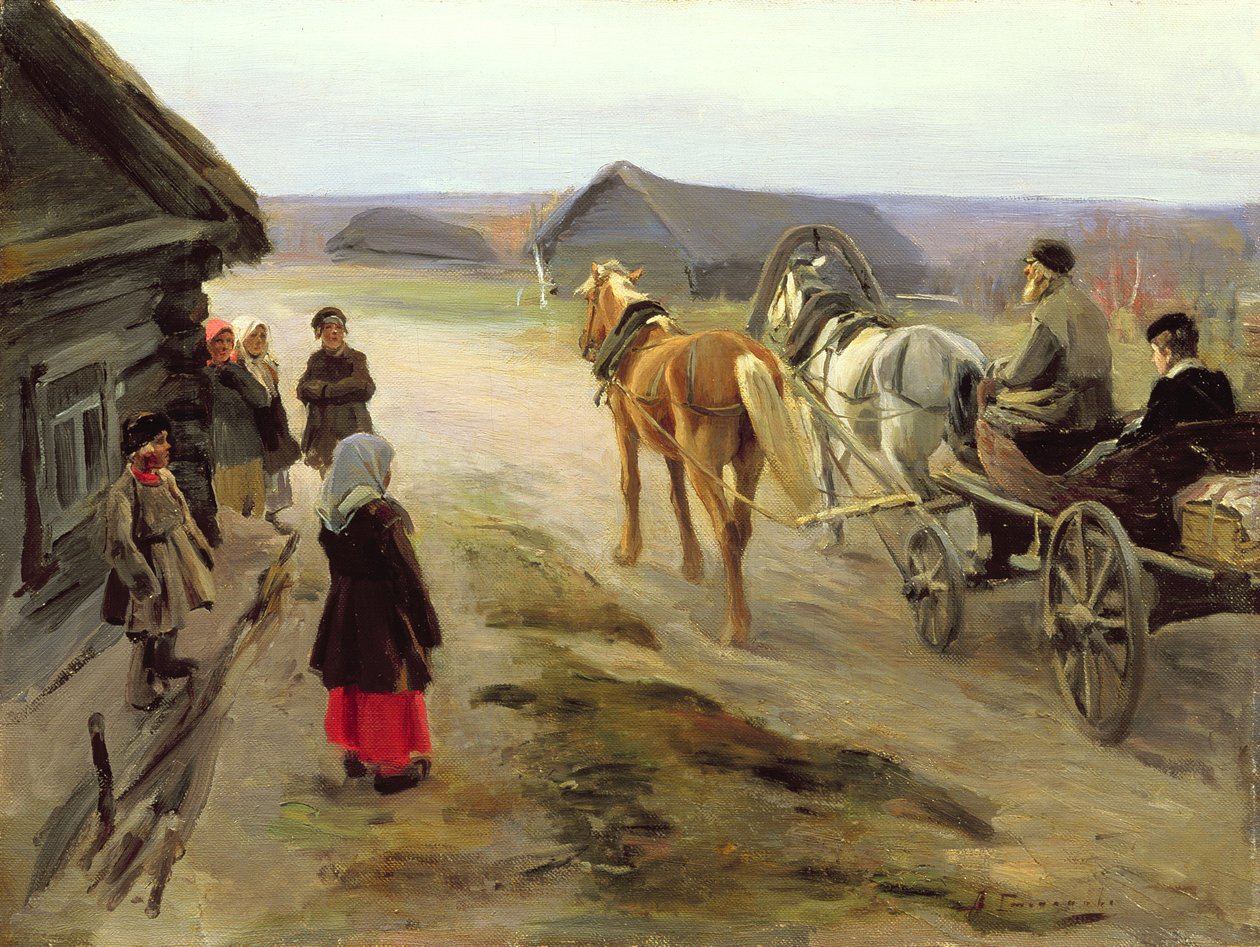 田舎の学校愛人の到着、c.1908-14 作： アレクセイ・シュタイパノビッチ・ステパノフ