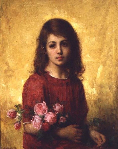 薔薇の花束を持つ少女の肖像 作： アレクセイ・アレクセイビッチ・ハラモフ