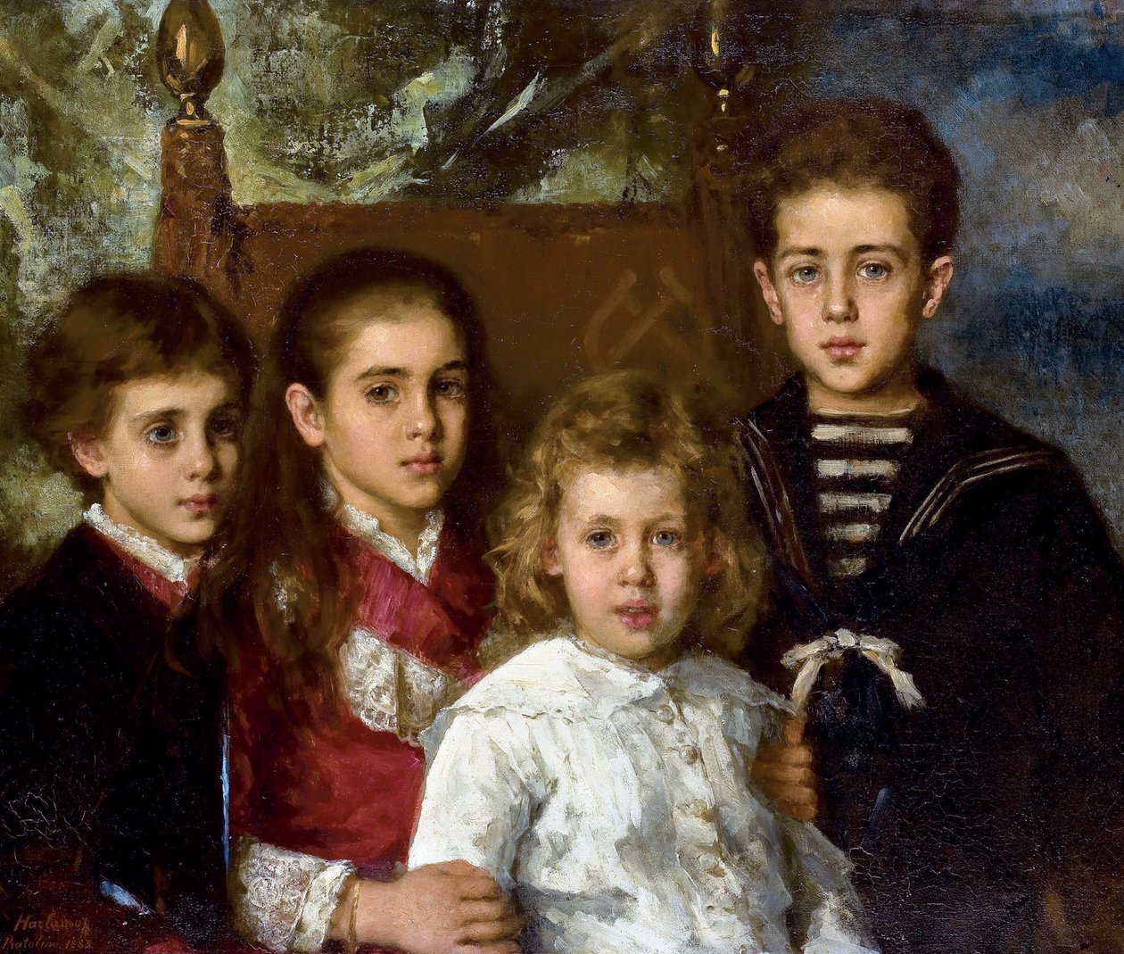第2代サン・ドナート公ポール・パブロヴィチ・デミードフ（1839-1885）の子供たちの肖像、オーロラ・アナトール、マリア、パヴェル - Peinture de Alexei Alexeyevich Harlamov (1840-1922) - 1883 - 油彩・キャンバス - 76,5x90 - 個人蔵 作： アレクセイ・アレクセイビッチ・ハラモフ