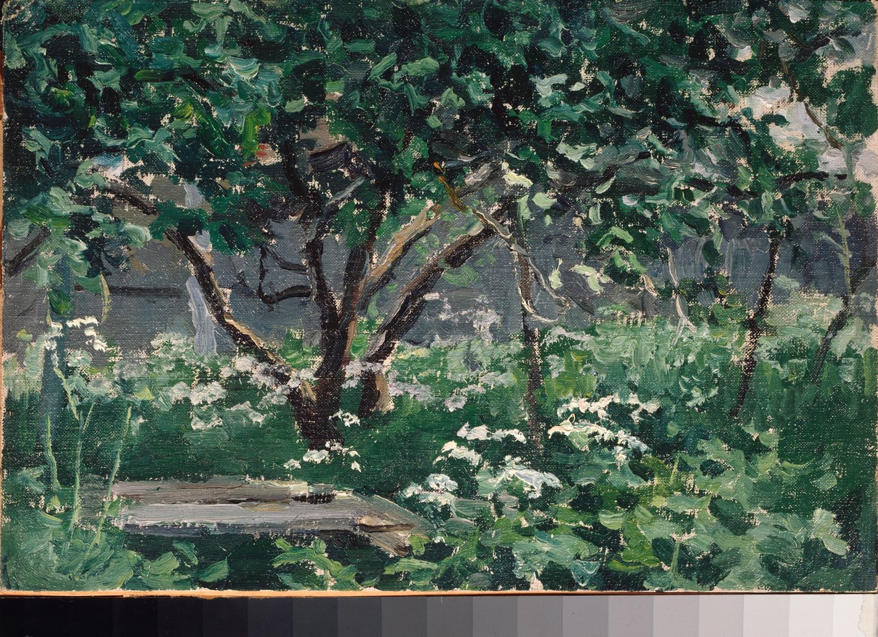 庭の一角 - Alexei Stepanovich Stepanov (1858-1923) の作品、ボール紙に油彩 作： アレクセイ・シュタイパノビッチ・ステパノフ
