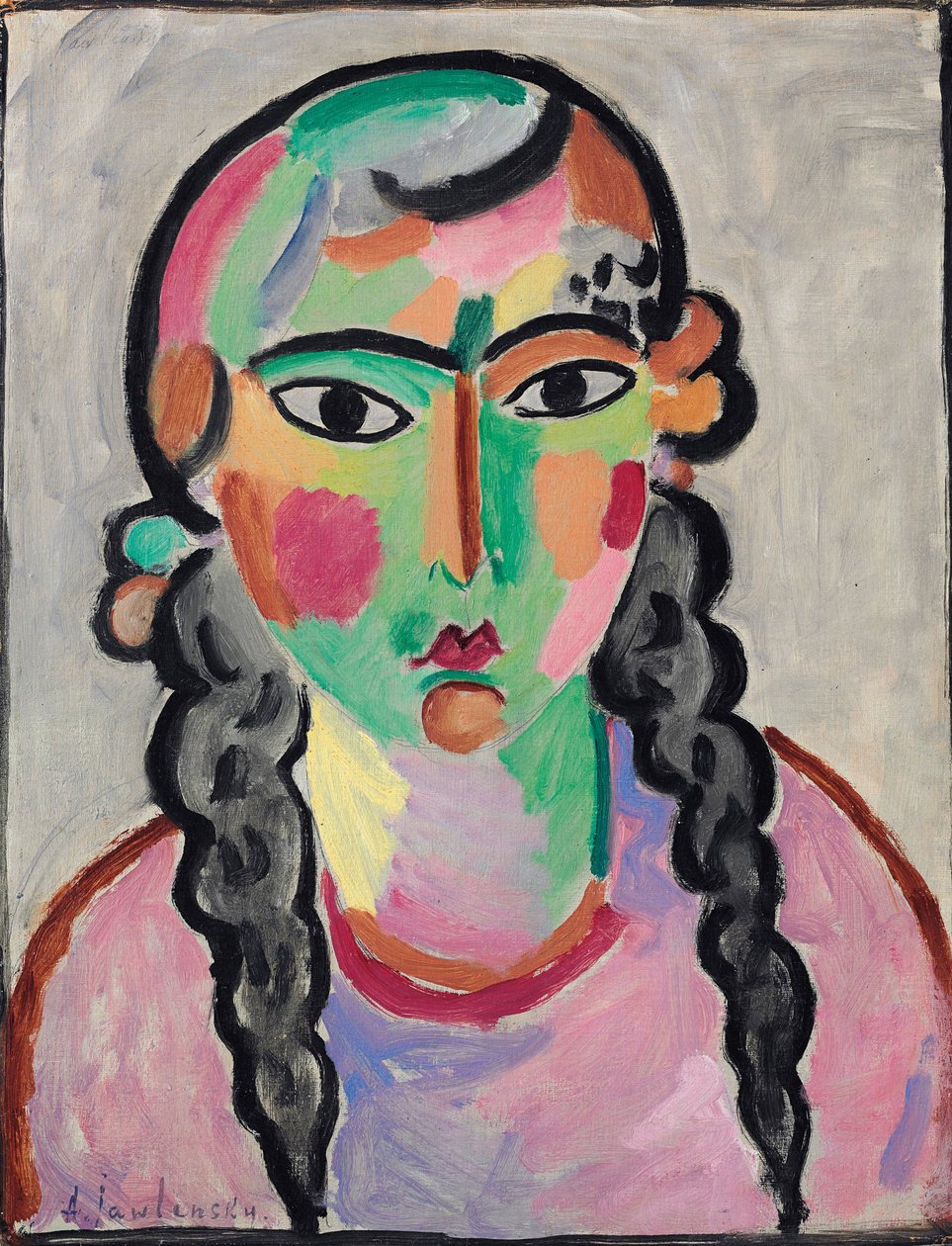 La fille pale aux tresses grises - The Pale Girl with Grey Pigtails, Alexej von Jawlensky (Javlensky) (1864-1941)作。紙に油彩、1916年頃。寸法：63,5x49,5 cm。個人蔵 作： アレクセイ・フォン・ヤウレンスキー