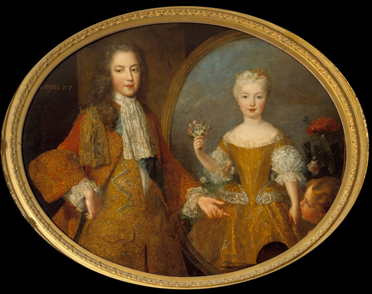 ルイ15世（1710-1774）に婚約者（ルイ15世とスペインのインファンテであるマリー・アン・ヴィクトワール）の肖像画を贈るラムール（右下）。絵画の中の絵画のアビメ（abime）。アレクシス・シモン・ベル（1674-1734）の絵画 18世紀 日。0,99x1,24 m 作： アレクシス・サイモン・ベル