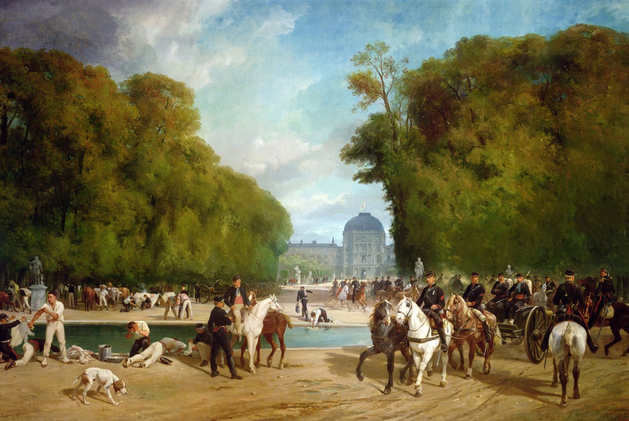 1870年9月下旬のパリ包囲戦中に、フランスの大砲がチュイルリー庭園に野営しました。 作： アルフレッドブルナーラコステ、エミールデカーン
