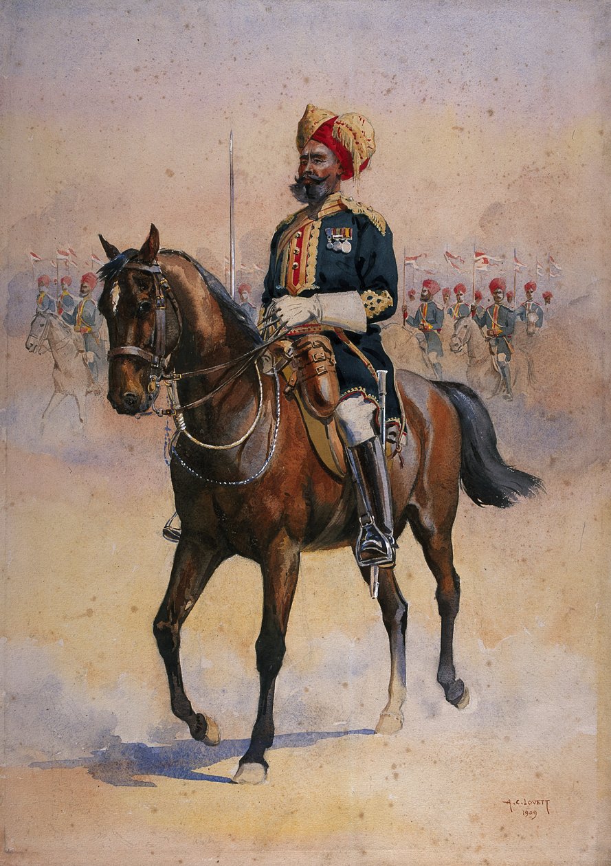 第14マレーのジャットランサーの兵士、リサルダルメジャー、GFマクムン少佐による「インドの軍隊」のイラスト、1911年、1909年発行 作： アルフレッド・クローディ・ロヴェット