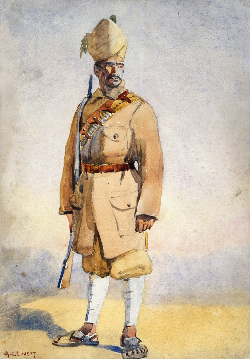 カイバーライフルの兵士、GFマクマン少佐による「インドの軍隊」のイラスト、1911年、1908年発行 作： アルフレッド・クローディ・ロヴェット
