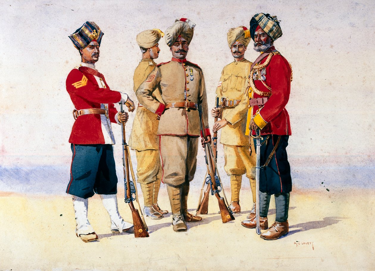 さまざまな連隊の兵士、GFマクマン少佐による「インドの軍隊」の図解、1911年、1908年発行 作： アルフレッド・クローディ・ロヴェット