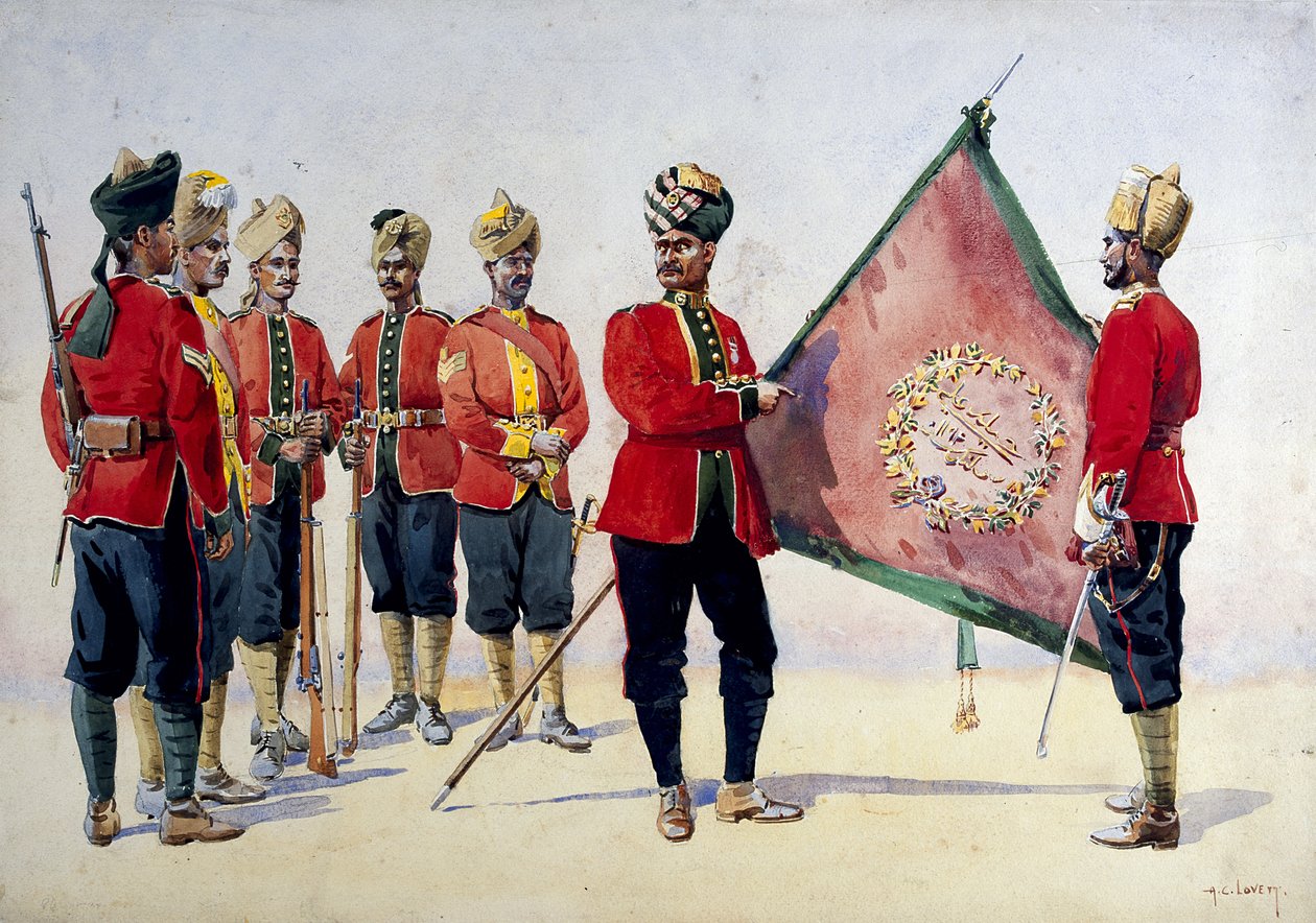 カーナティック歩兵の兵士、GFマクマン少佐による「インドの軍隊」のイラスト、1911年、1908年発行 作： アルフレッド・クローディ・ロヴェット