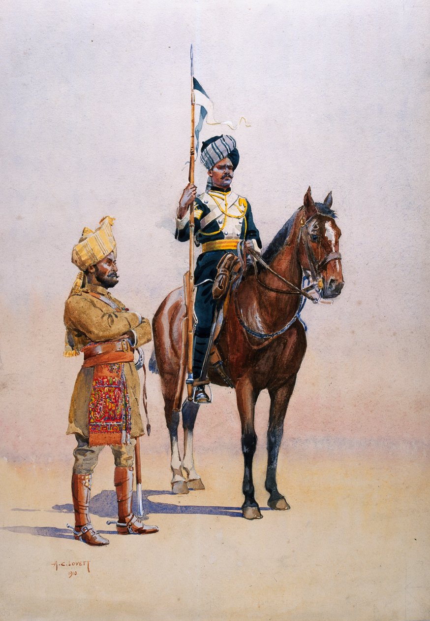 マイソール輸送隊の兵士、GFマクマン少佐による「インドの軍隊」のイラスト、1911年、1910年に発行 作： アルフレッド・クローディ・ロヴェット