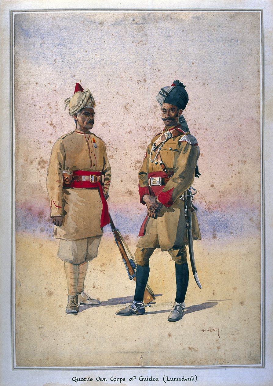 ガイド（ラムズデン）の女王自身の軍団の兵士、GFマクムン少佐による「インドの軍隊」のイラスト、タナオリ（パタン）、1911年、1908年発行 作： アルフレッド・クローディ・ロヴェット