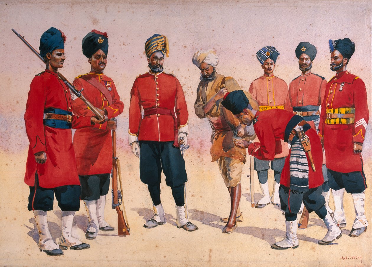 ラージプート連隊の兵士、GFマクマン少佐による「インドの軍隊」のイラスト、1911年、1908年発行 作： アルフレッド・クローディ・ロヴェット