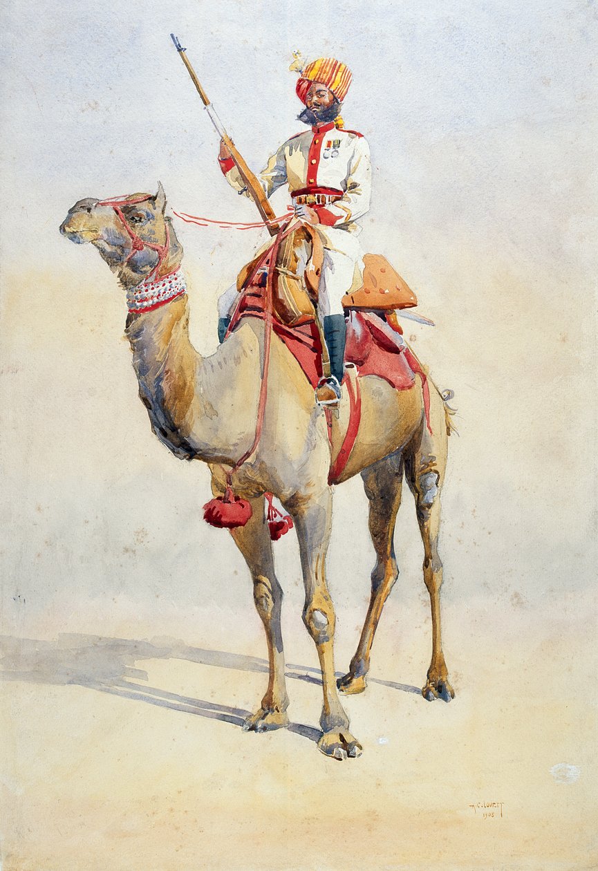 ビカニールラクダ隊のソワール、GFマクマン少佐による「インドの軍隊」のイラスト、1911年、1908年発行 作： アルフレッド・クローディ・ロヴェット