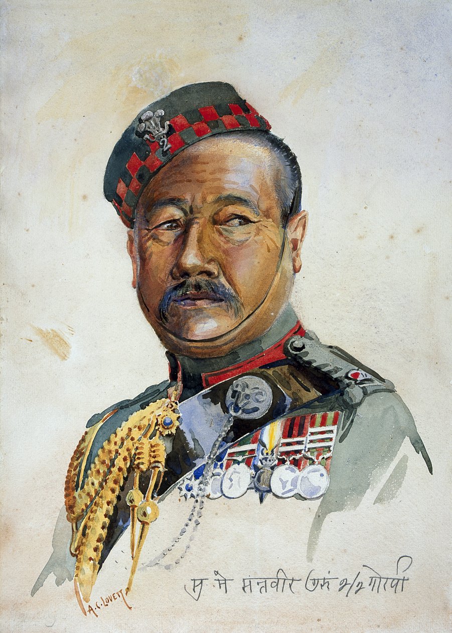 Subadar-Major Gurung Gurkha、GF MacMunn少佐による「Armies of India」のイラスト、1908年に出版された1908 作： アルフレッド・クローディ・ロヴェット