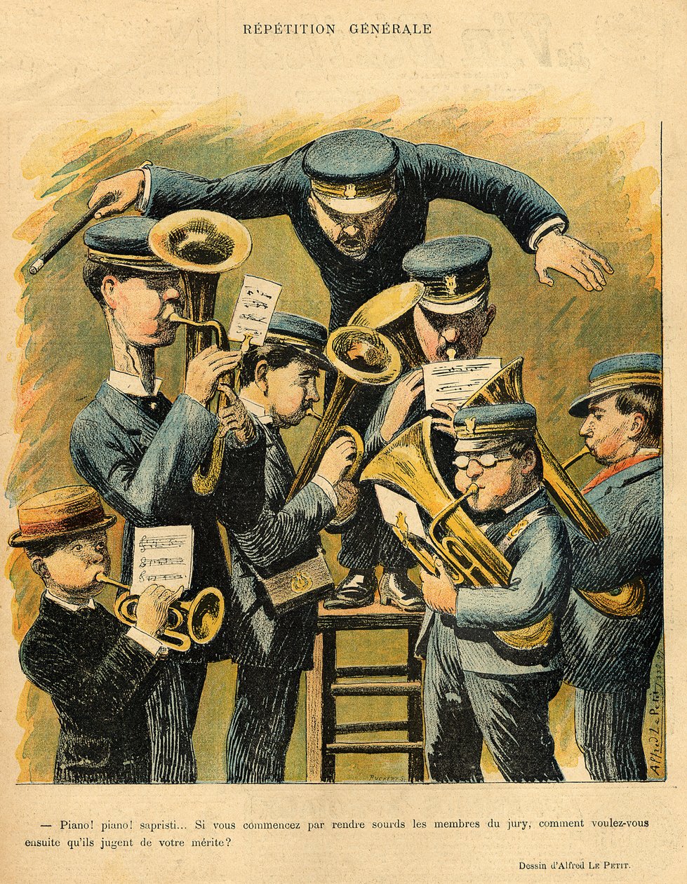 「Le Rire」の裏表紙からのバンドのリハーサル、1898年4月16日 作： アルフレッド・ル・プティ