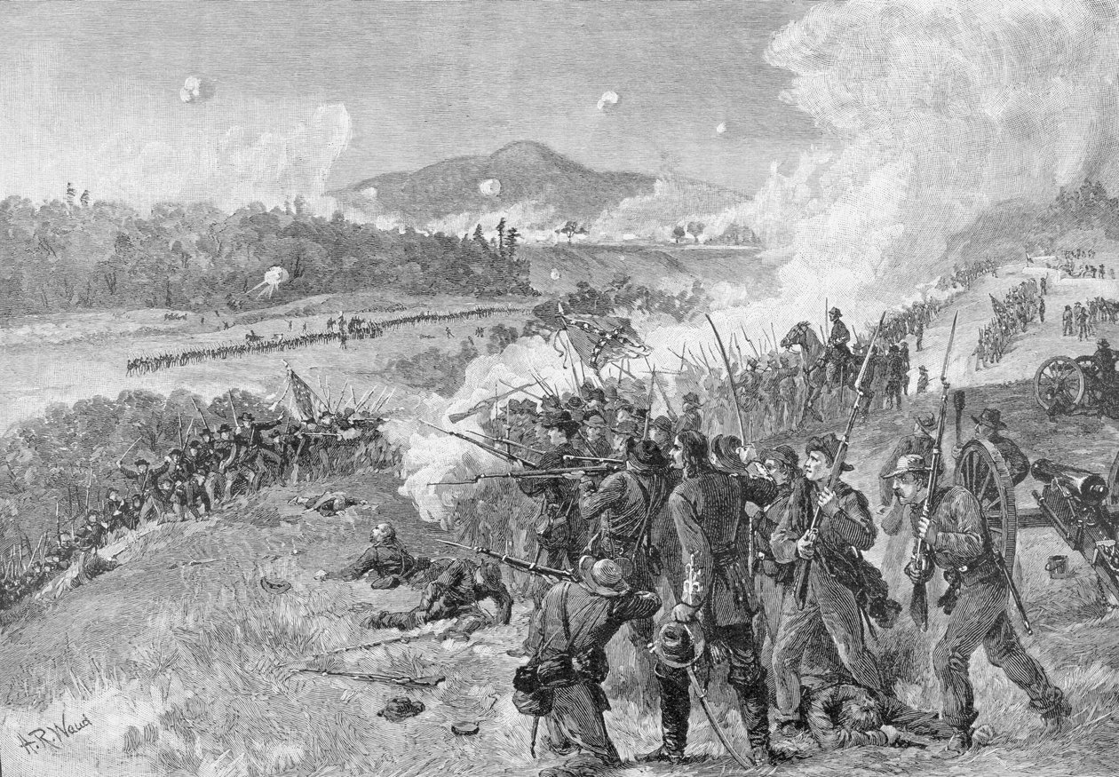 1864年5月14日、ジョージア州レサカの戦い、ロバートアンダーウッドジョンソンとクラレンスクロウブエルが編集した「南北戦争の戦いと指導者」のイラスト 作： アルフレッド・ルドルフ・ウォード
