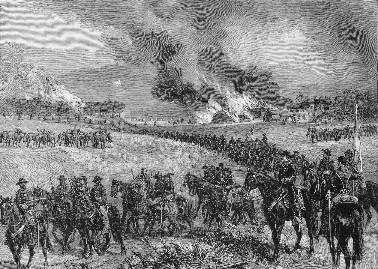 リアガード：1864年10月7日、マウントジャクソンを辞任するカスター将軍師団、ロバートアンダーウッドジョンソンとクラレンスクルーグが編集した「南北戦争の戦いと指導者」のイラスト 作： アルフレッド・ルドルフ・ウォード