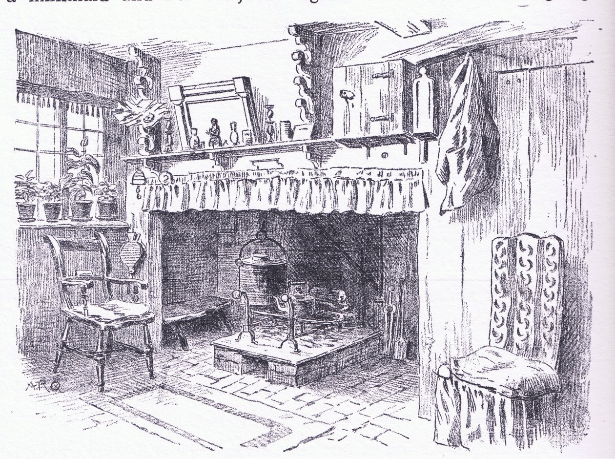 1912年にDent＆Sons Limitedによって出版されたThe Cottages and the Village Life of Rural Englandのサリーコテージの内部 作： アルフレッドロバートクイントン