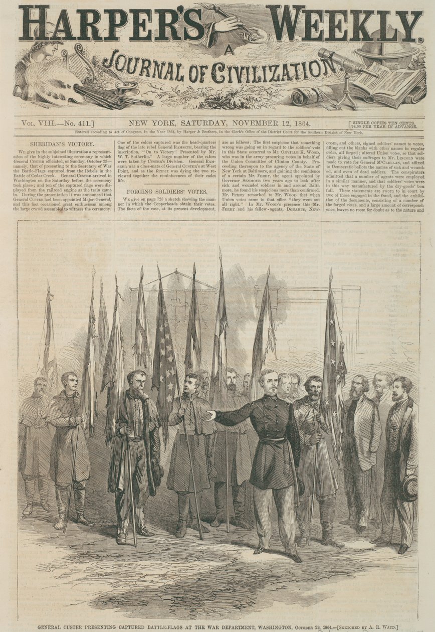 1864年の「ハーパーズウィークリー」の最初のページ、ワシントン州の戦争部で捕獲された戦闘旗を提示するカスター将軍（木の彫刻） 作： アルフレッド・ルドルフ・ウォード