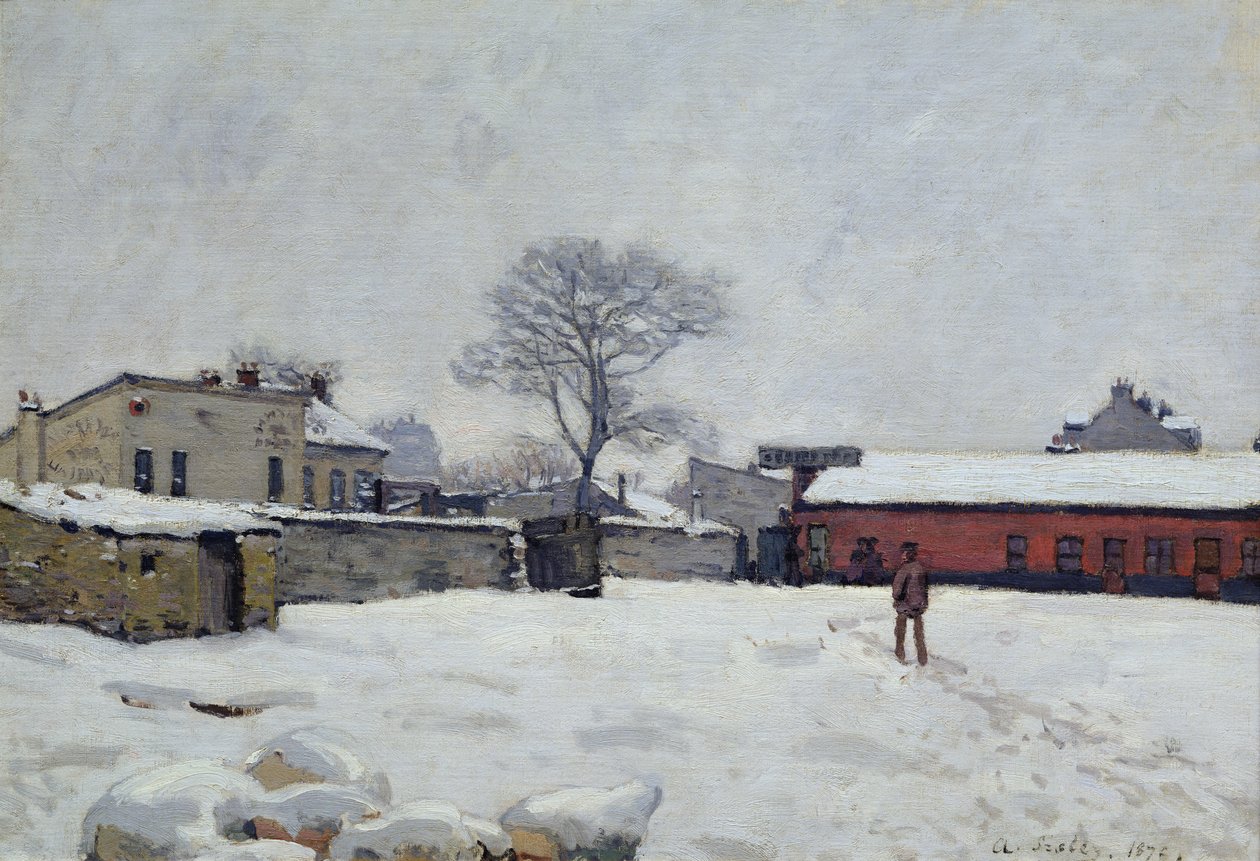 雪の下：1876年、マルリールロワの農場 作： アルフレッド・シスレー