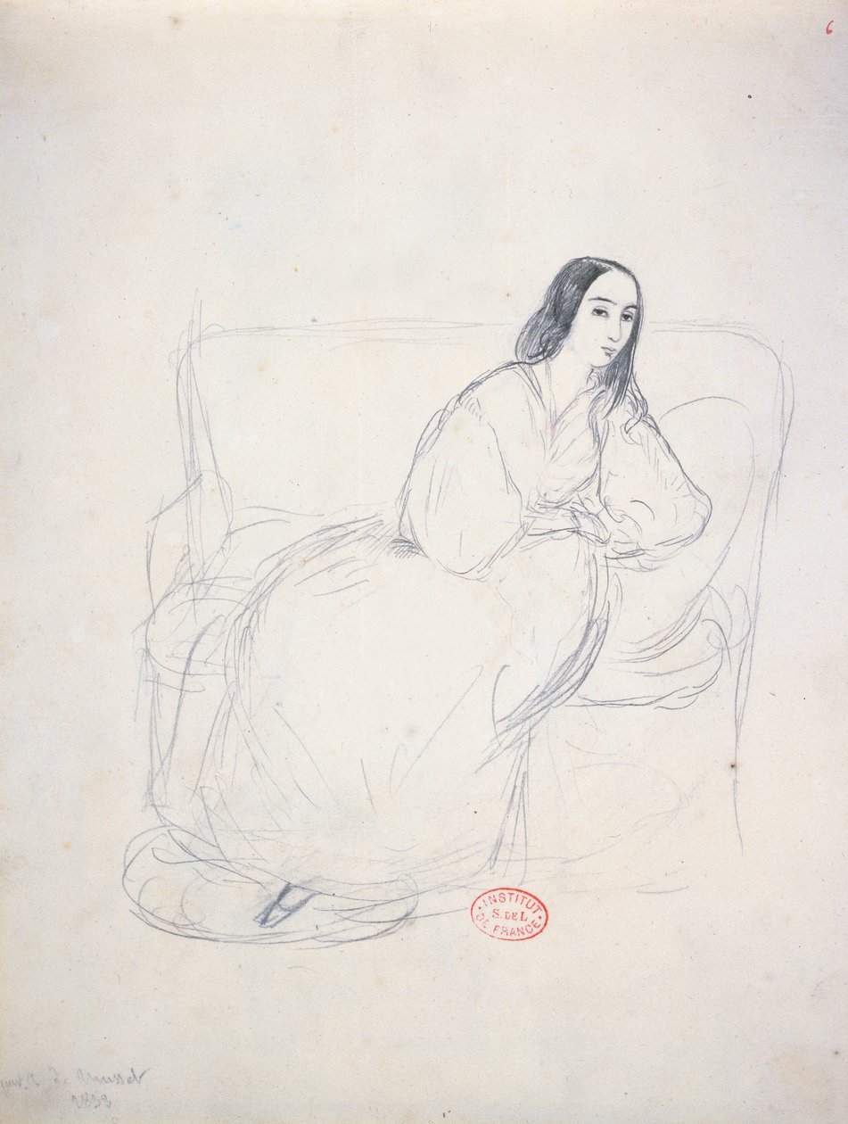ソファーに座ったジョージサンド（1804-1876年）、1833年 作： アルフレッド・デ・ムセ