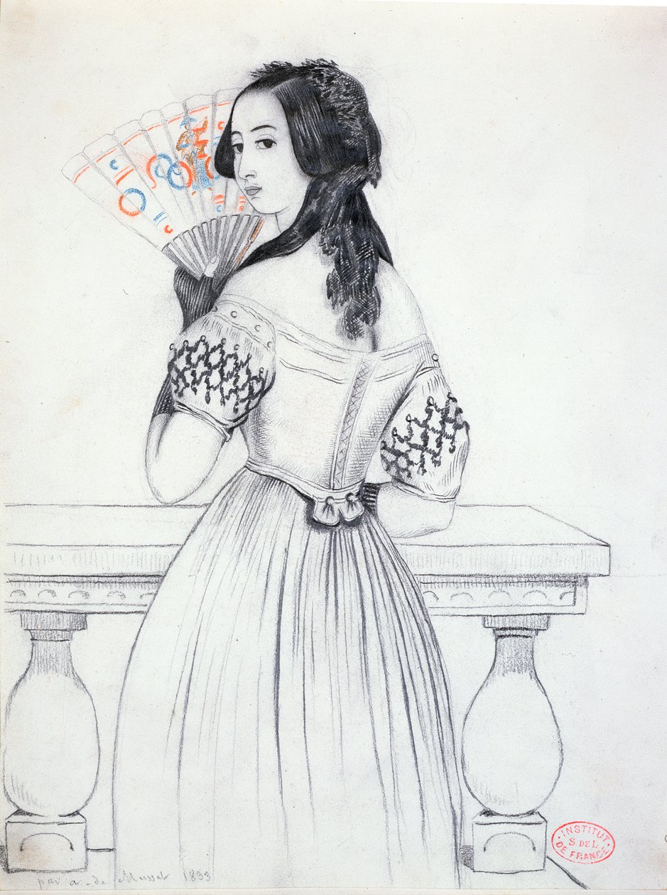 ジョージサンド（1804-76）、ファン付き、1833 作： アルフレッド・デ・ムセ