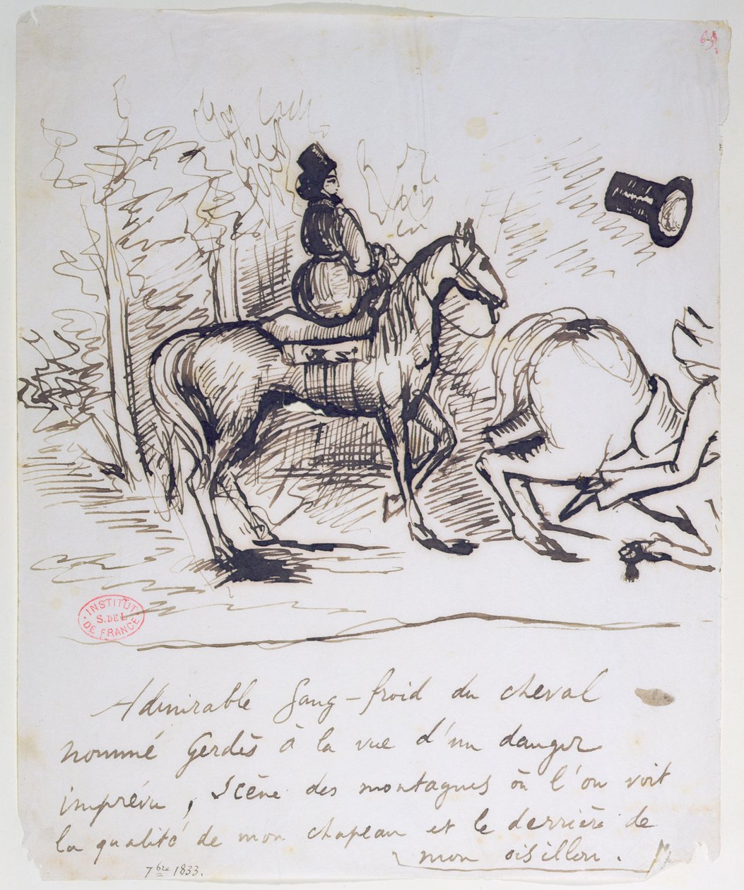 1833年9月、アルフレッドドミュセット（1810-57）のつまずいた馬の後ろにサングロイドを表示したジョージサンドの馬 作： アルフレッド・デ・ムセ