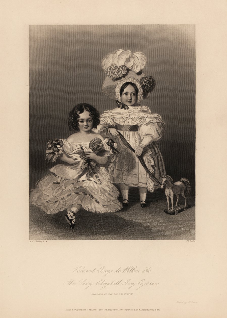 Viscount Grey de Wilton und Elizabeth Grey Egerton, Kinder von Thomas Egerton, 2. Earl of Wilton. Tochter mit Locken und Rüschenkleid, die eine Puppe hält, und Sohn im Kleid und Federhut, der ein Band hält, das an einem Spielzeugpferd befestigt ist. Stahls von Alfred-Edward (after) Chalon