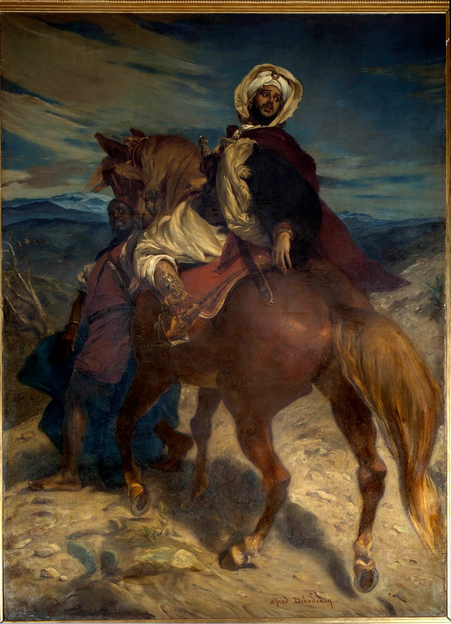 レコンキスタ：「ボアブディル王のグラナダへの別れ」 ボアブディル王（アブアブ・アラー）は1492年02月01日にスペインの支配者に都市の鍵を渡した。アルフレッド・デホーデンク（1822-1882）による絵画 19世紀。ディム。3.7×2.7メートル パリ、オルセー美術館 作： アルフレッド・デホーデンク