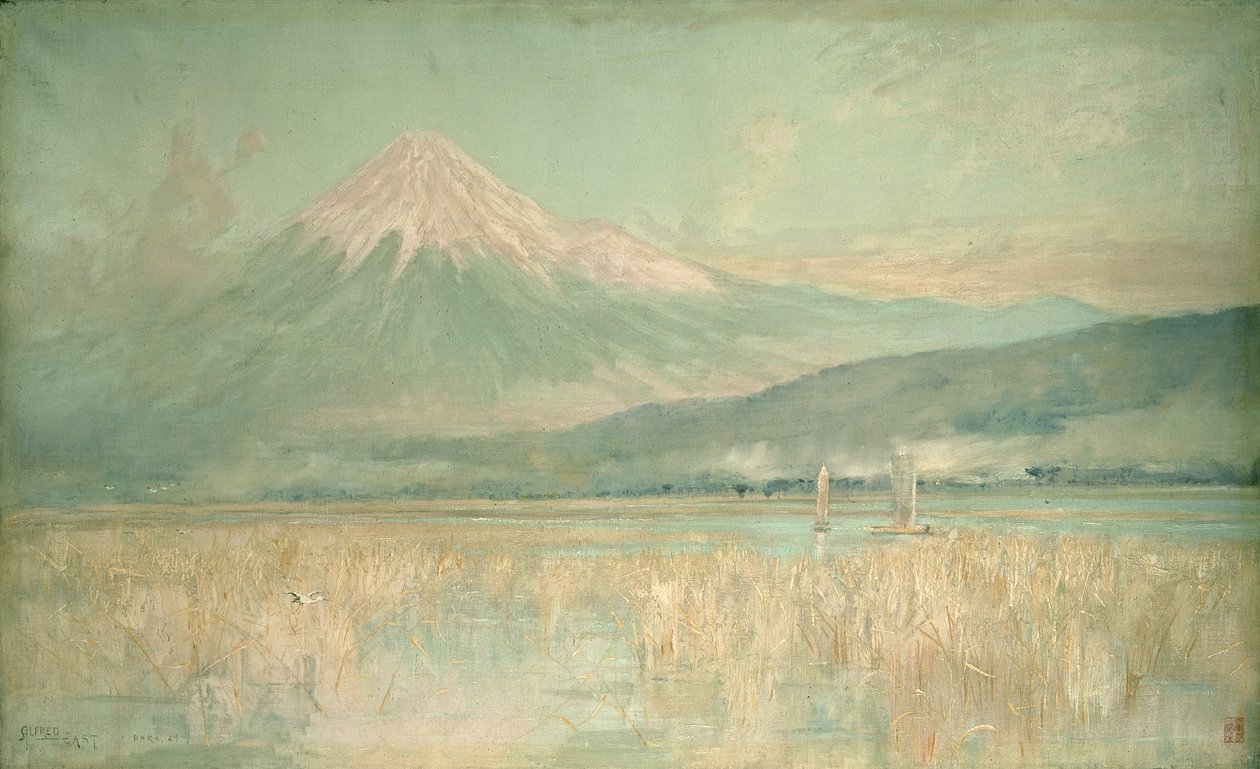 聖なる山の夜明け、1889年に雲に隠された富士の太陽