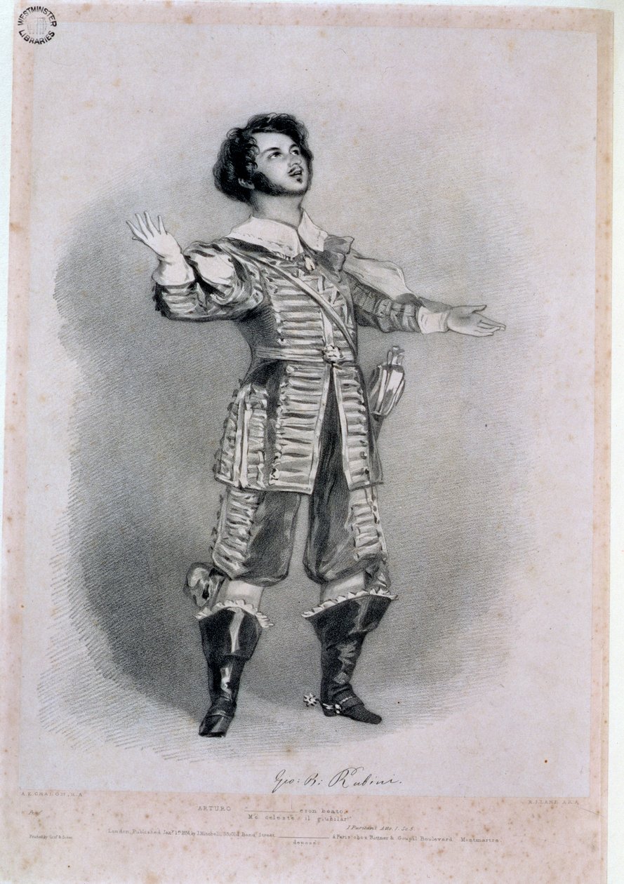 ジョヴァンニ・バティスタ・ルビニ（1794-1854）は「Iプリタニ」のアルトゥーロとして、リチャードジェームスレーン（1800-72）、1836年に彫刻された「イタリアオペラの回想」のプルーフコピー（色については123979を参照） 作： アルフレッド・エドワード・シャロン