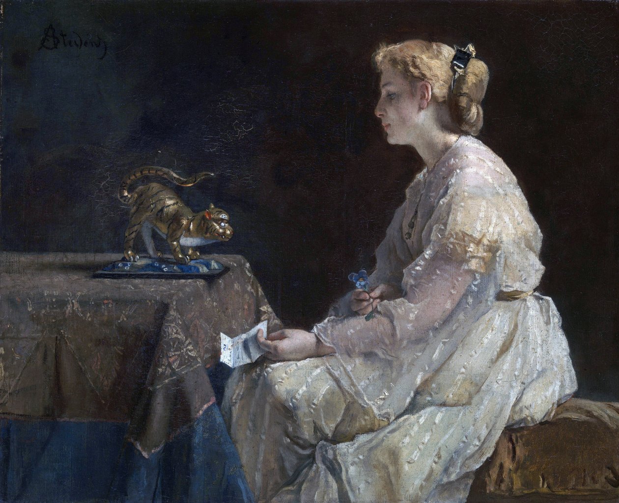 「現在」猫の小像を発見する若い女性 - アルフレッド・スティーブンス (1823-1906) による絵画、1870年頃 ロンドン・ナショナル・ギャラリー 作： アルフレッド・エミール・スティーブンス