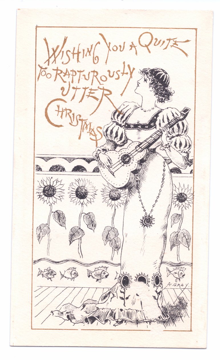 バイオリンを弾く美学のビクトリア朝のグリーティングカード、1881年頃（モノクロ） 作： アルフレッド・グレイ