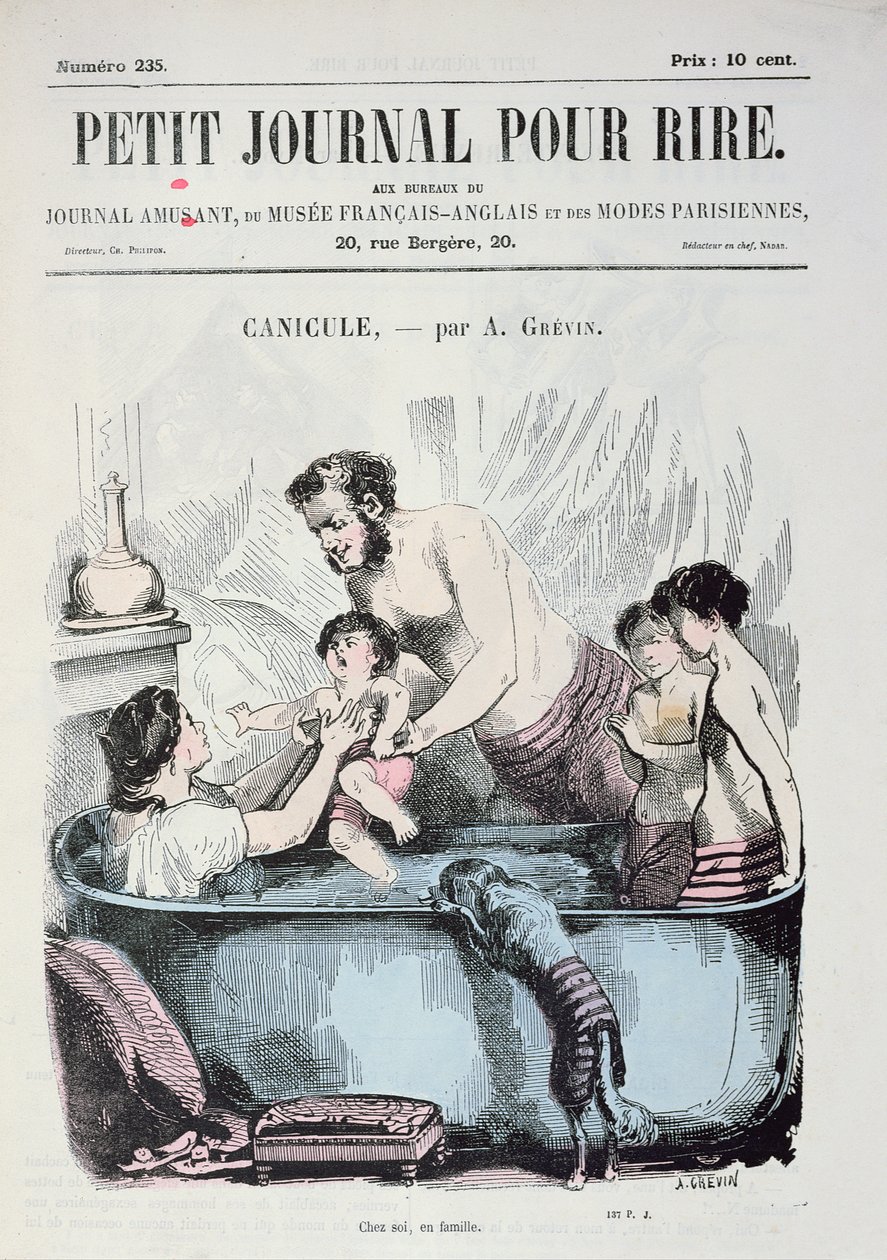 灼熱の熱：家族風呂、「Le Petit Journal pour Rire」の表紙、1860年頃 作： アルフレッド・グレビン