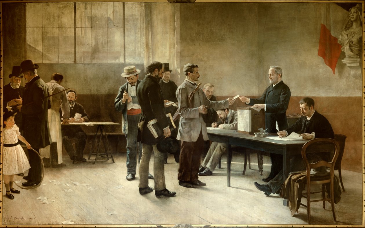 普遍的な参政権 1891年の投票所の様子。アルフレッド・ブラムトット（1852-1894）による絵画 1891年 レ・リラ、タウンホール 作： アルフレッド・アンリ・ブラムトット