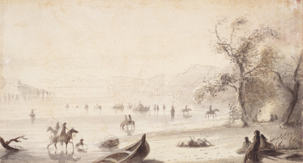 プラットを横切る雄牛のボート、1837年頃（紙に描いたもの） 作： アルフレッドジェイコブミラー