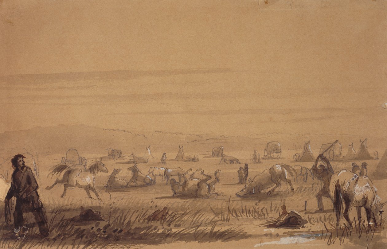 キャンプへの到達、サドルの取り外し、1837年頃（紙に鉛筆、ペンとインク、ウォッシュ、グワッシュ） 作： アルフレッドジェイコブミラー