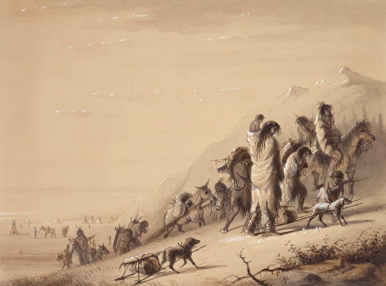 Snake Indians Migrating、1837年頃（紙にペンとインク、ウォッシュ、グワッシュ） 作： アルフレッドジェイコブミラー