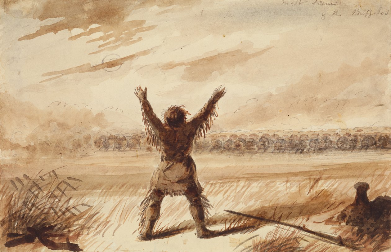 バッファローの群れに邪魔されたトラッパー、1837年頃（鉛筆、ペンとインク、紙の上で洗う） 作： アルフレッドジェイコブミラー